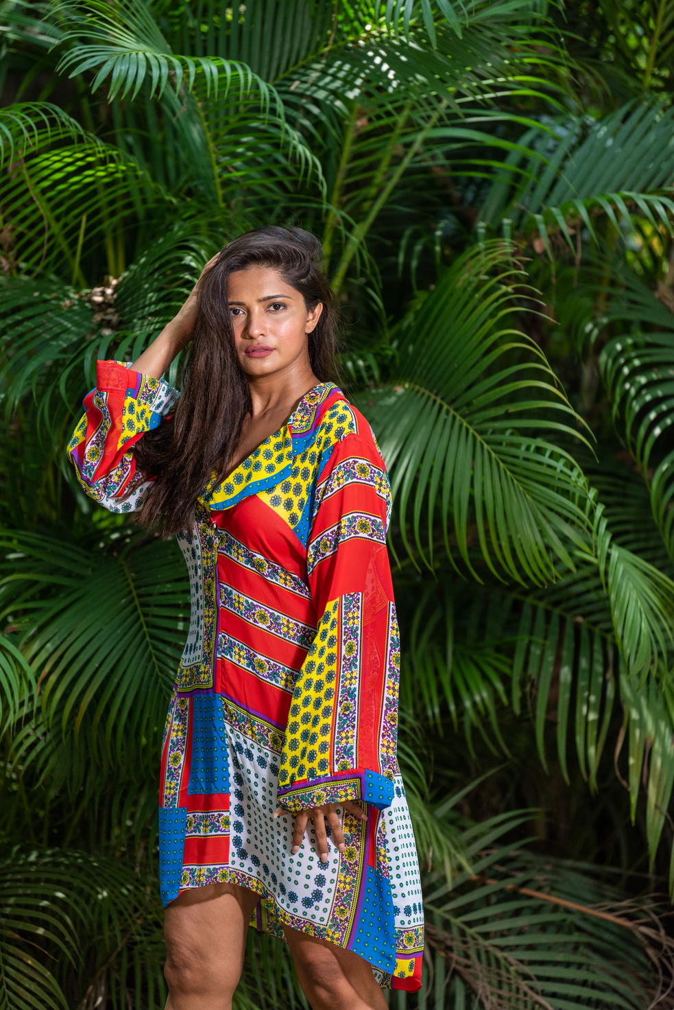 Woman in Colorful Printed Clothing